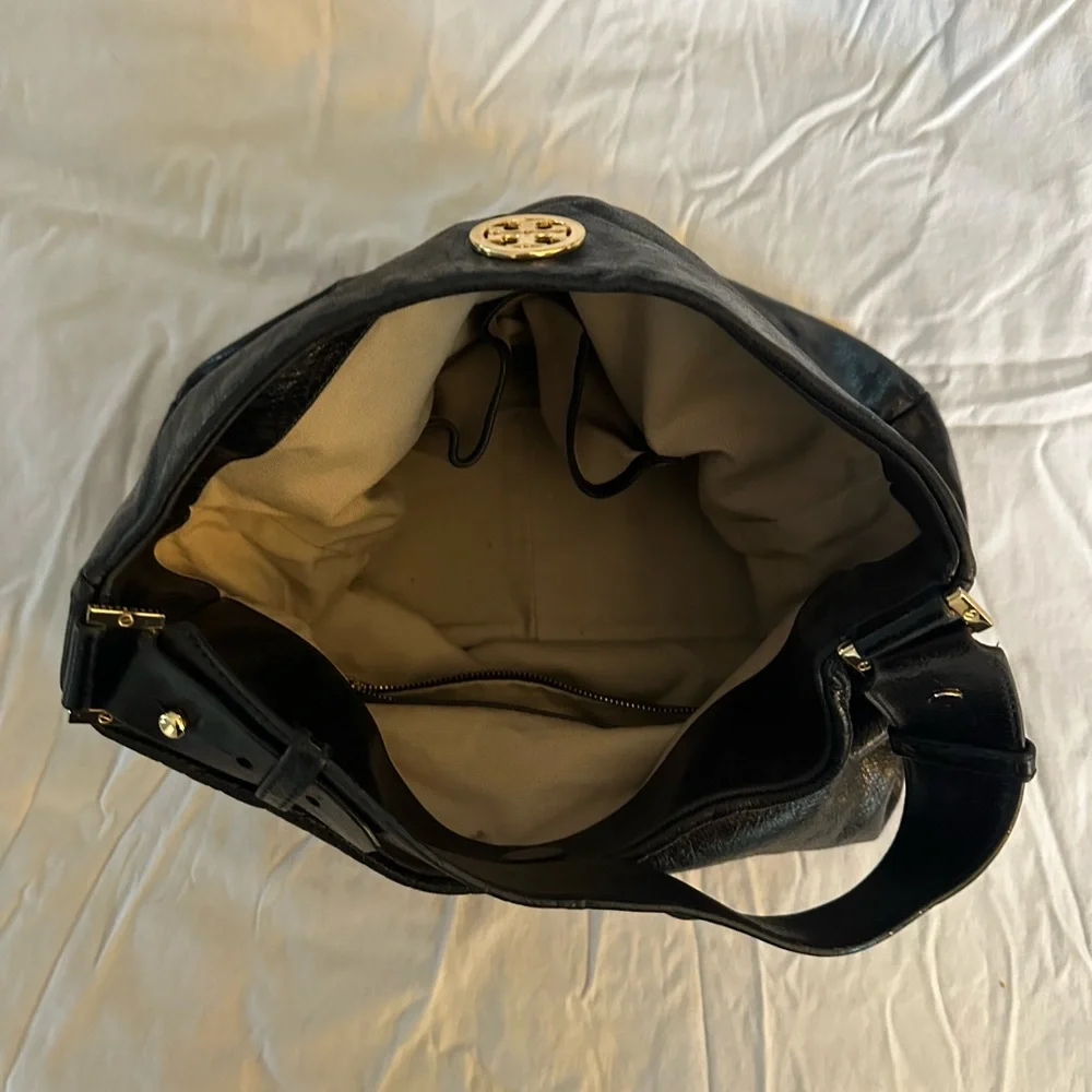Tory Burch Dena Black Glazed Leather Hobo Shoulder Bag